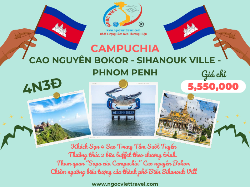 TOUR CAMPUCHIA, CAO NGUYÊN BOKOR - SIHANOUK VILLE - PHNOM PENH - XE LIMOUSINE, KS 4 SAO